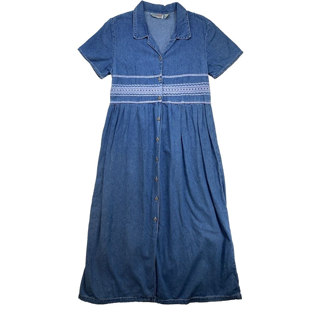 Vintage‎ Studio Wear Button-Up Medium Wash Denim Maxi Dress Size Medium